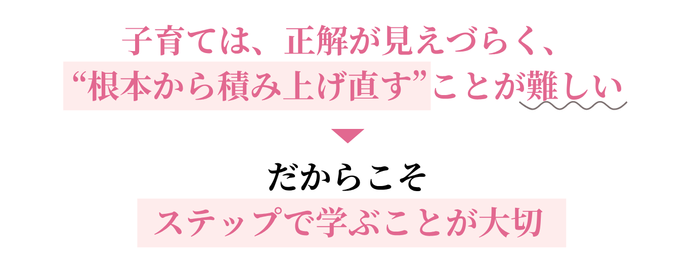 子育ては、“正解が見えづらく、根本から積み上げ直す”ことが難しい
。だからこそステップで学ぶことが大切